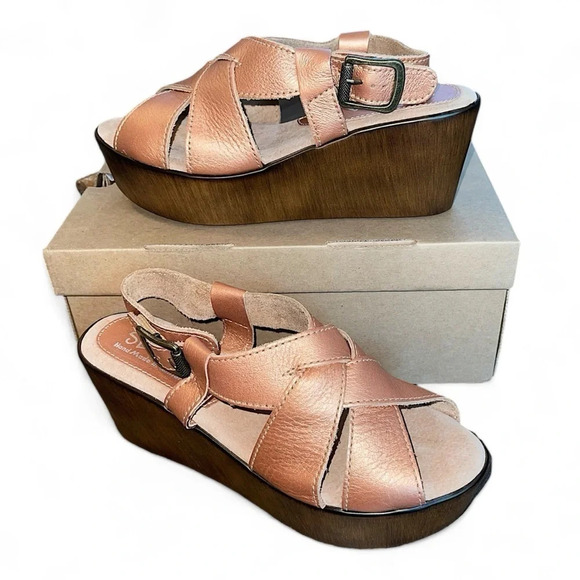 Platform Wedge Leather Crossover Buckle Wooden Coral Sz 9 - Picture 1 of 14